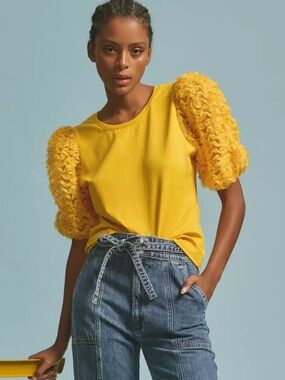 Anthropology by Flat White Ruffle Sleeve White Top - large